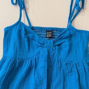 Blue Cotton Gauze Sundress XS Tie Strap Bow Front Mini Dress Summer Vacation